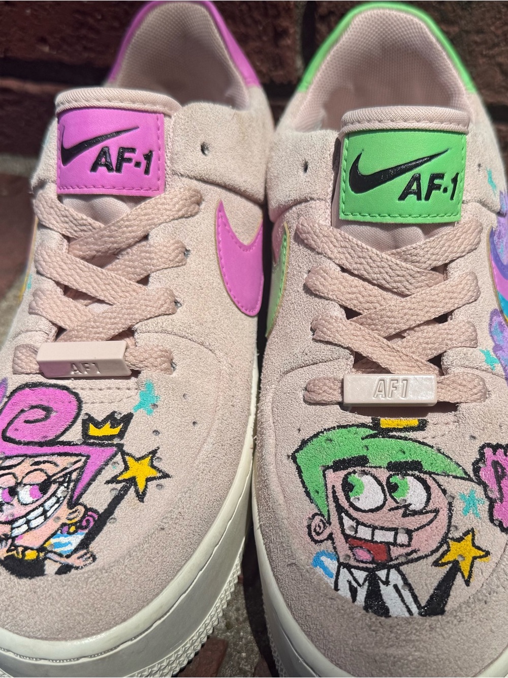 Hand painted - Nike - Fairly Oddparents Pink Suede AF-1 Sneakers - Picture 2 of 12